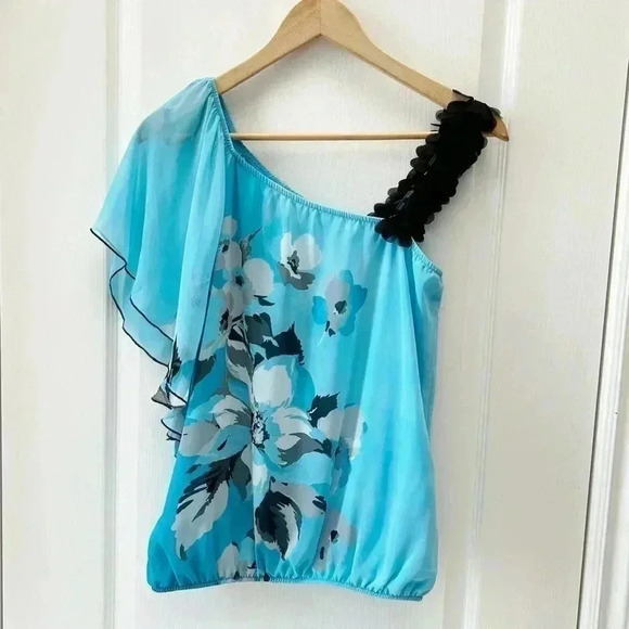 Ricki’s Blouse Sheer Floral Print One Shoulder Bubble Hem Black Blue White Small - Picture 2 of 16